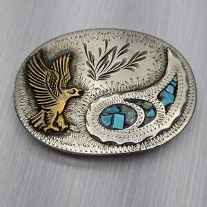 Vintage Western Belt Buckle Gold Tone Eagle Turquoise Chip Inlay Silver Oval